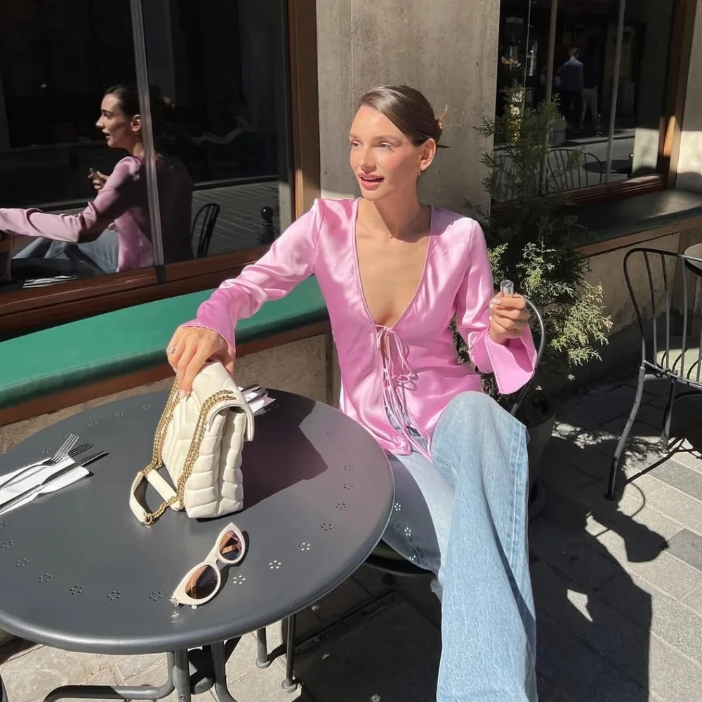 Zara Pink Satin Tie-Front Top Size XXL